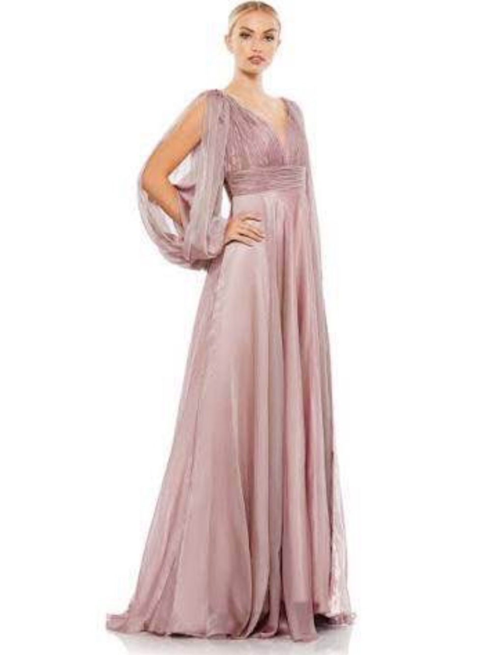 MAC DUGGAL Split Long Sleeve Deep V-Neck Mocha Gown 67414 (14)